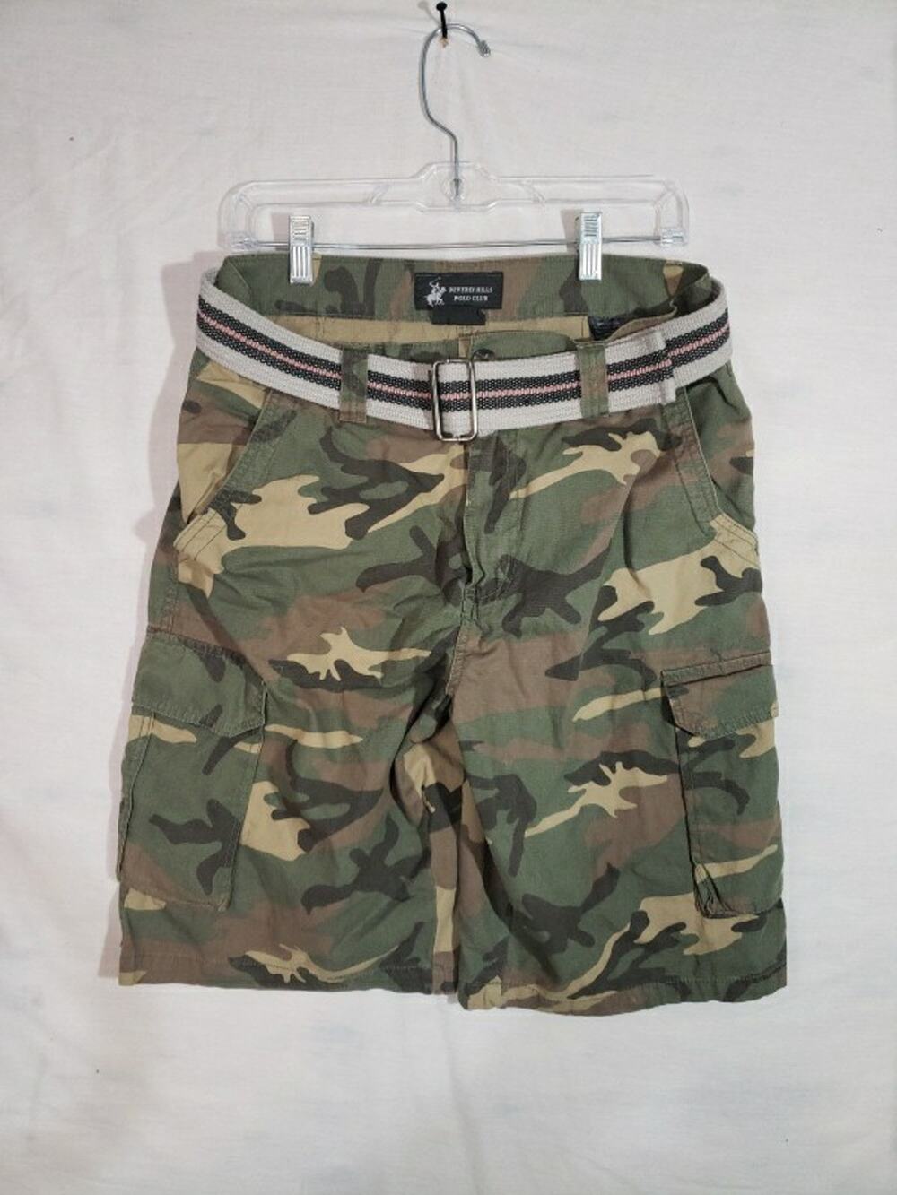 Beverly Hills Polo Club Camo Cargo Shorts Mens 32 Green Brown w/ Belt R333